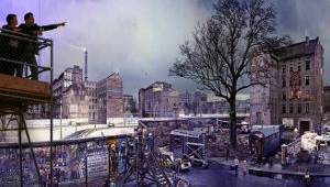 Ausschnitt aus Yadegar Asisis Panorama DIE MAUER mit Besucherplattform und Streichelzoo, gesehen von West-Berlin © asisi GmbH, Foto: Tom Schulze asisi Panorama "Die Mauer" in Berlin